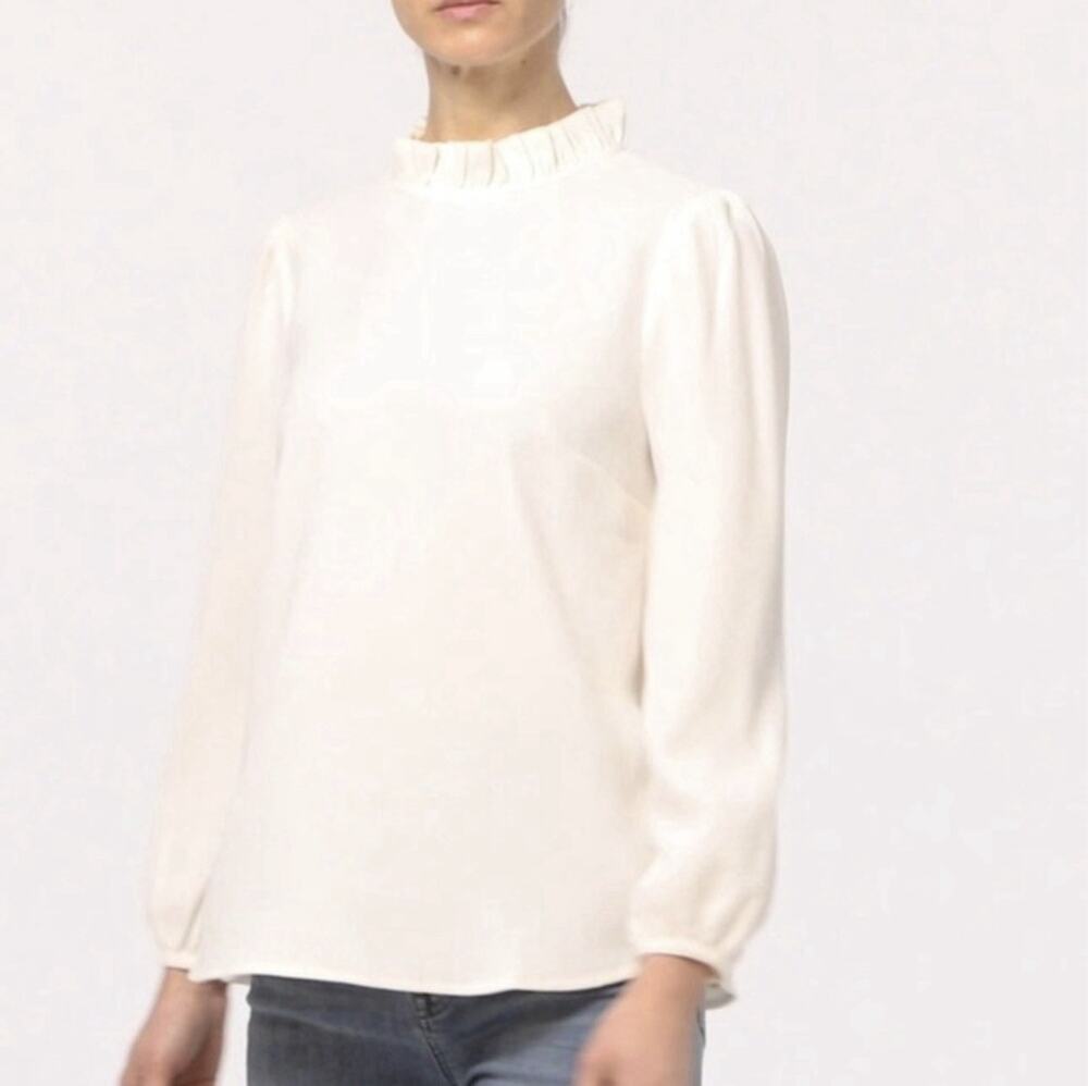 J.Crew Mock Neck Ruffle Blouse Women’s Large Ivory Long Sleeve Puff Sleeve Top